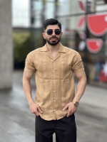 پیراهن لینن یقه انگلیسی Civan کرمی تیره