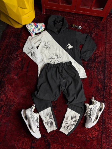 ست تیشرت کلاهدار و اسلش حراجی کاستوم adidas مشکی سفید