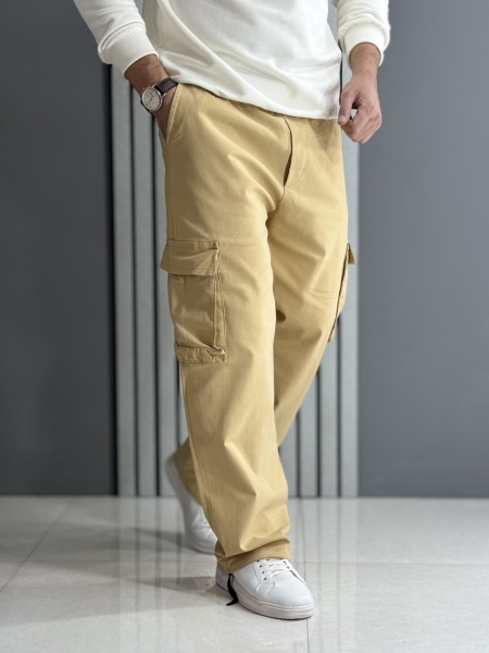 شلوار کارگو بگ استایل 5 جیب نخودی ( کمر کش / قد 105 سانت )