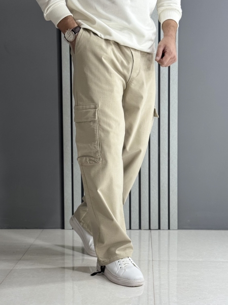 شلوار کارگو بگ استایل 5 جیب کرم ( کمر کش / قد 105 سانت )