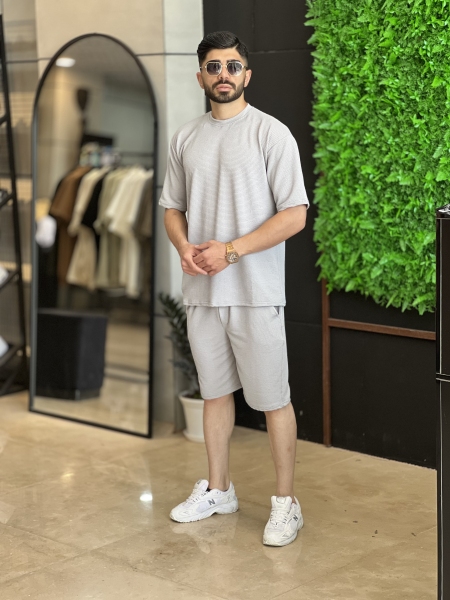 ست تیشرت شلوارک بیسکوییتی طوسی