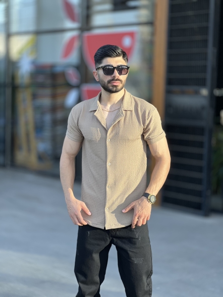 پیراهن ابر و بادی ترک یقه انگلیسی کرمی
