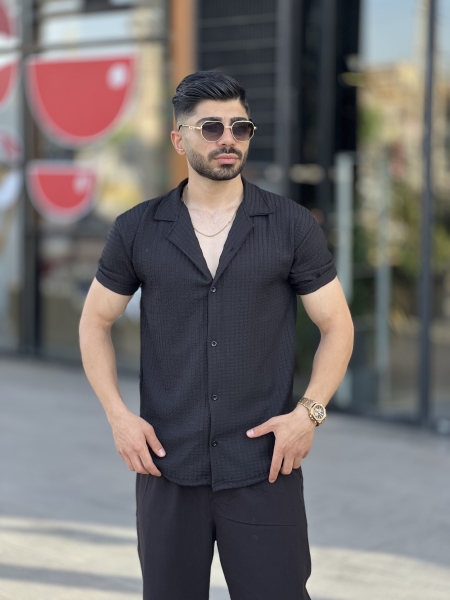 پیراهن راه راه پارچه خارجی یقه انگلیسی مشکی