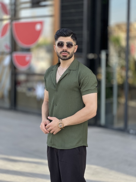 پیراهن راه راه خارجی یقه انگلیسی سبز