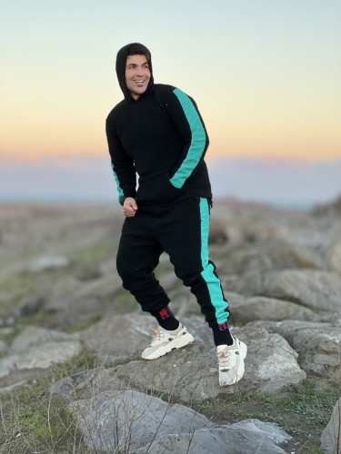 ست حراجی هودی و اسلش تدی مشکی فیروزه ای