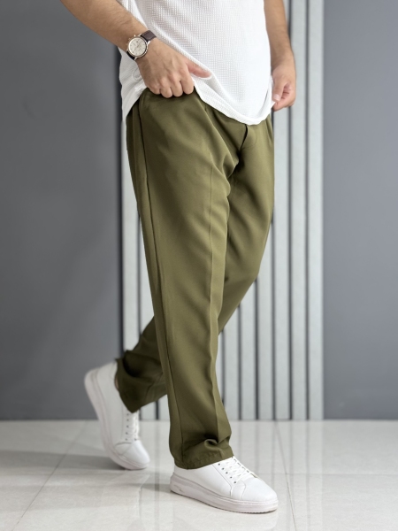 شلوار نیم بگ پارچه مازراتی زیتونی ( کمر کش )