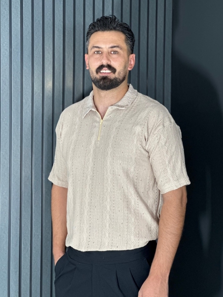 تیشرت مراکشی نیم زیپ مردانه کرمی