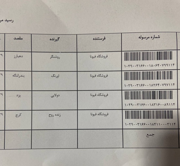 رسید مرسولات پستی ارسال شده