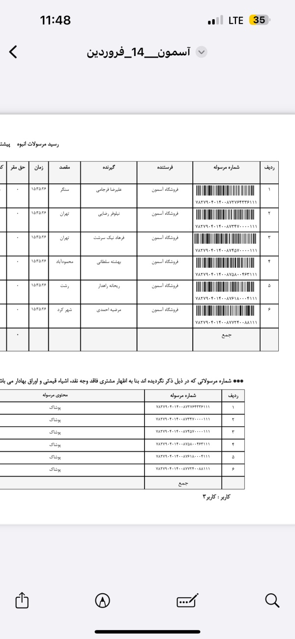 رسید مرسولات پستی ارسال شده