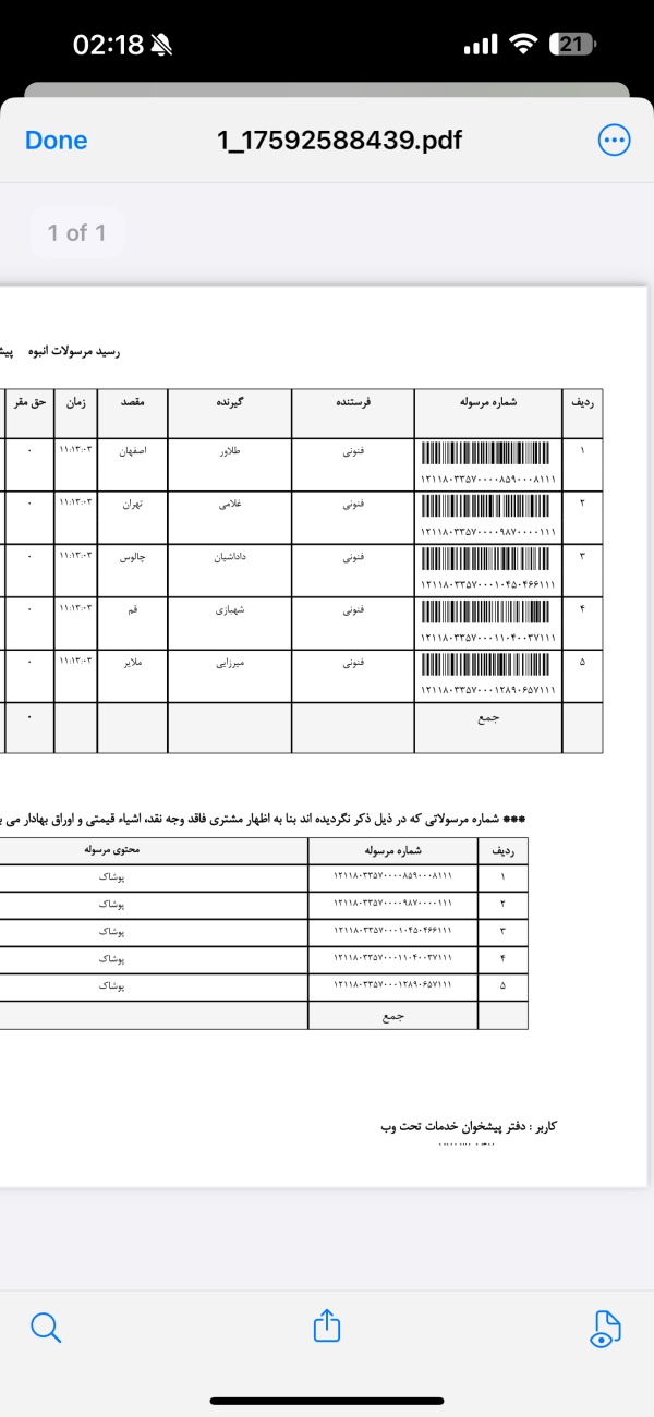 رسید مرسولات پستی ارسال شده