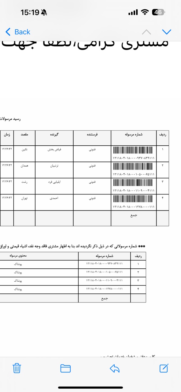 رسید مرسولات پستی ارسال شده