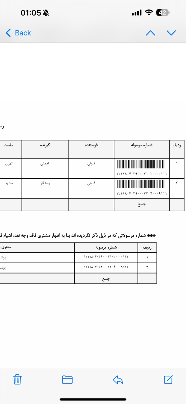 رسید مرسولات پستی ارسال شده