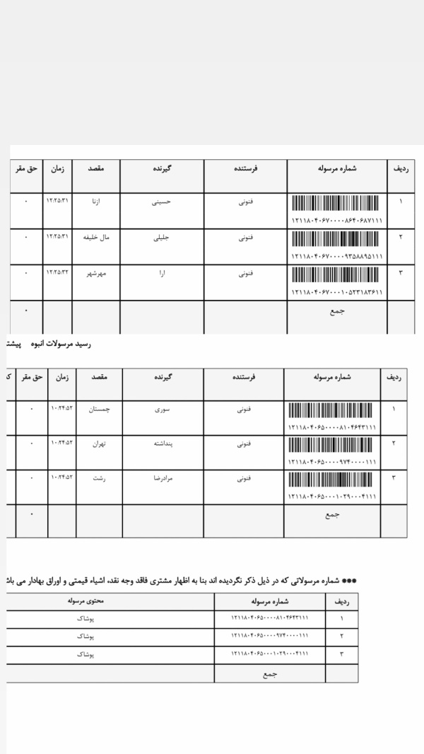 رسید مرسولات پستی ارسال شده
