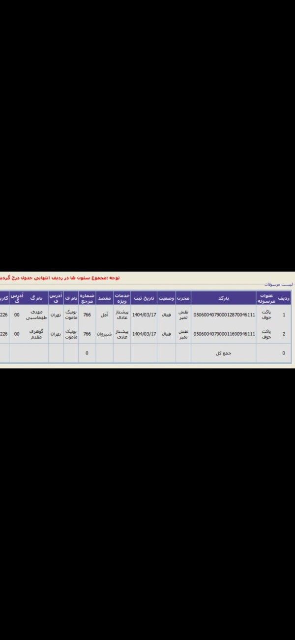 رسید مرسولات پستی ارسال شده