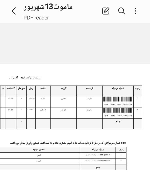 رسید مرسولات پستی ارسال شده