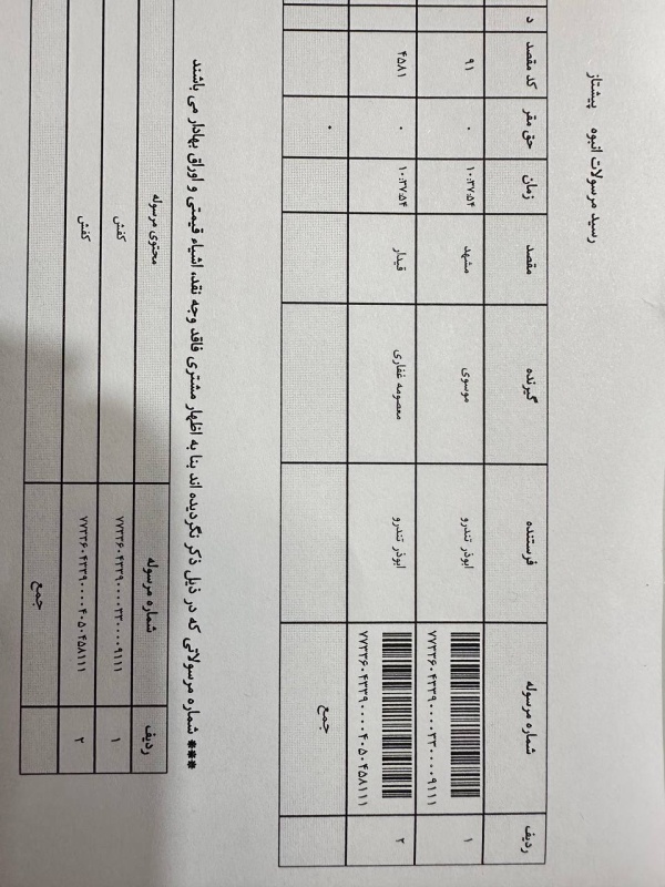 رسید مرسولات پستی ارسال شده