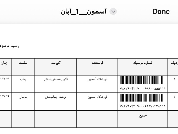 رسید مرسولات پستی ارسال شده