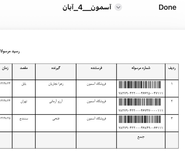 رسید مرسولات پستی ارسال شده