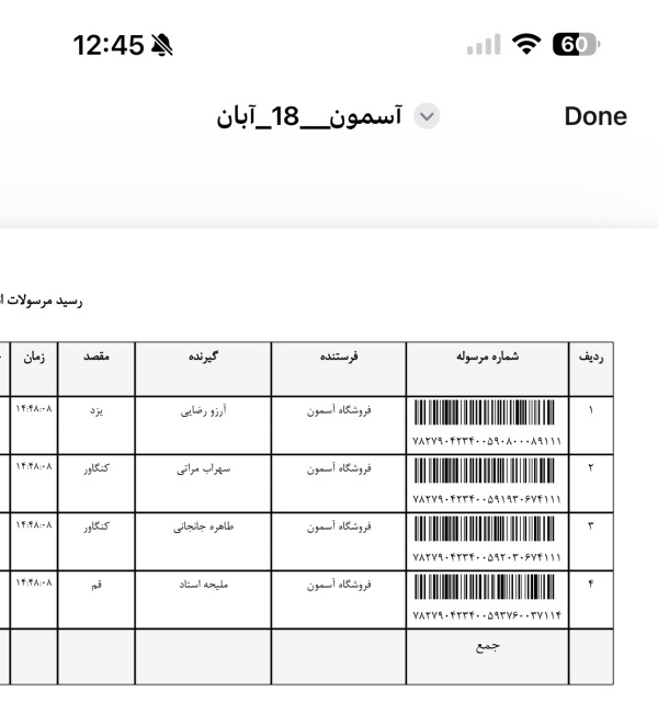 رسید مرسولات پستی ارسال شده