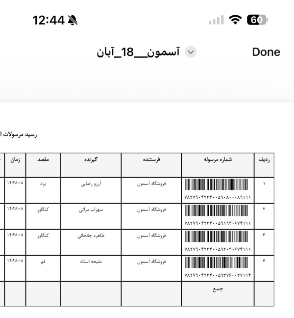 رسید مرسولات پستی ارسال شده