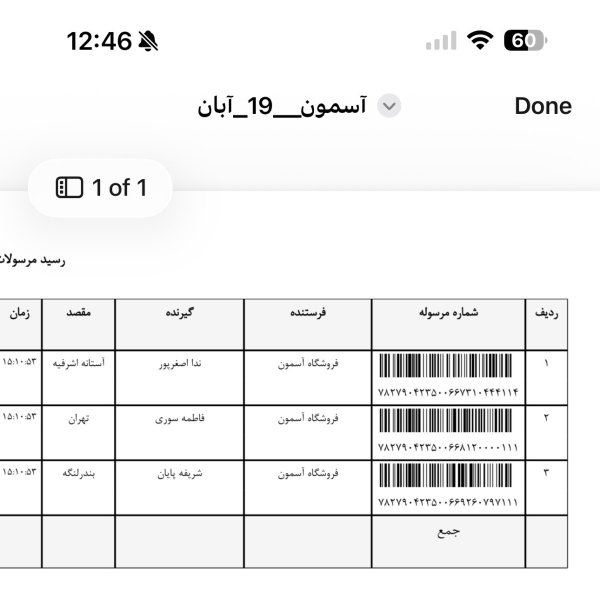 رسید مرسولات پستی ارسال شده