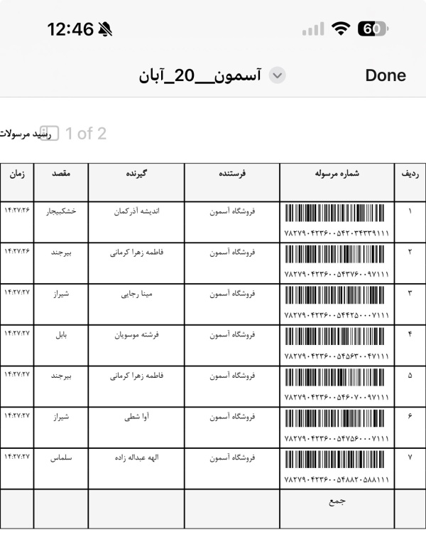 رسید مرسولات پستی ارسال شده