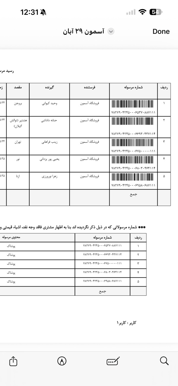 رسید مرسولات پستی ارسال شده