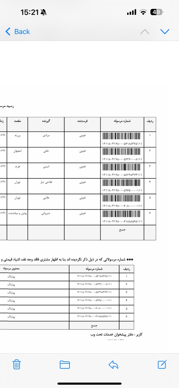 رسید مرسولات پستی ارسال شده