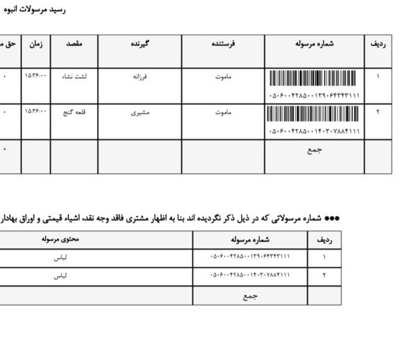 رسید مرسولات پستی ارسال شده