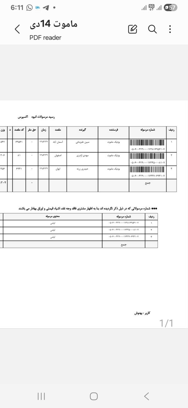 رسید مرسولات پستی ارسال شده